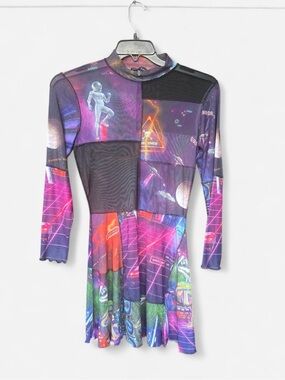 Current Mood Retro Space Patchwork Mesh Long Sleeve Dress in Purple and Pink